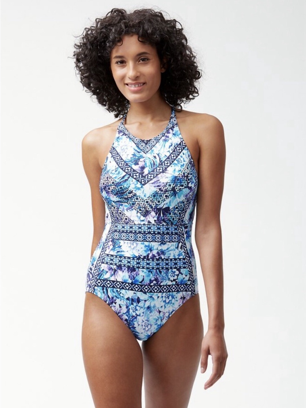 Brand New-Tommy Bahama Aqua Petals High-Neck One-Piece Swimsuit